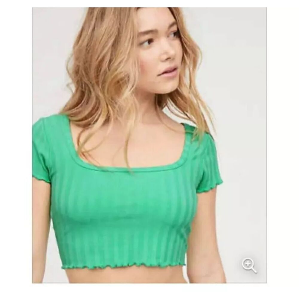 OFFLINE Green Striped Square Neck Short Sleeve Crop Top
